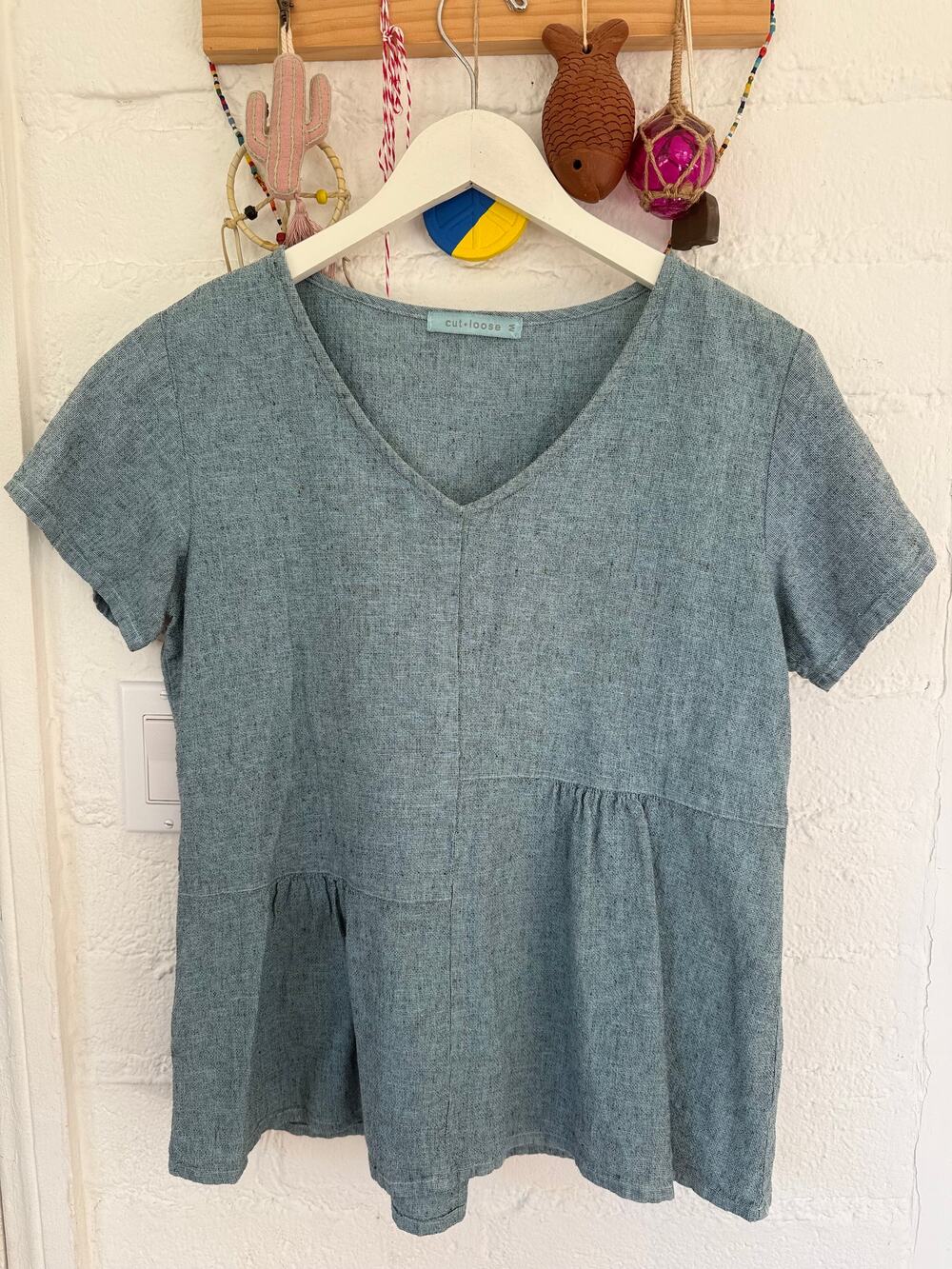 Cut Loose Blue Linen Cotton Swing Top M Lagenlook Boho Coastal Cottagecore